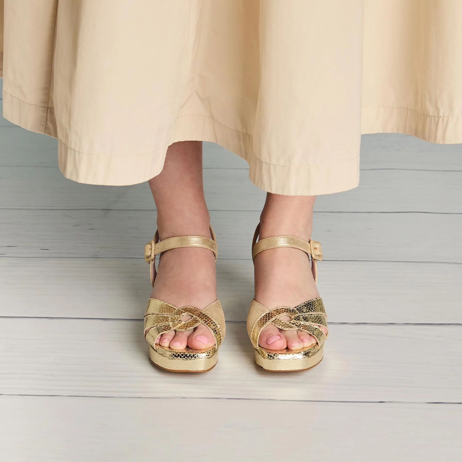 Roberta: Pale Gold Suede & Snake Print Leather - Image 3